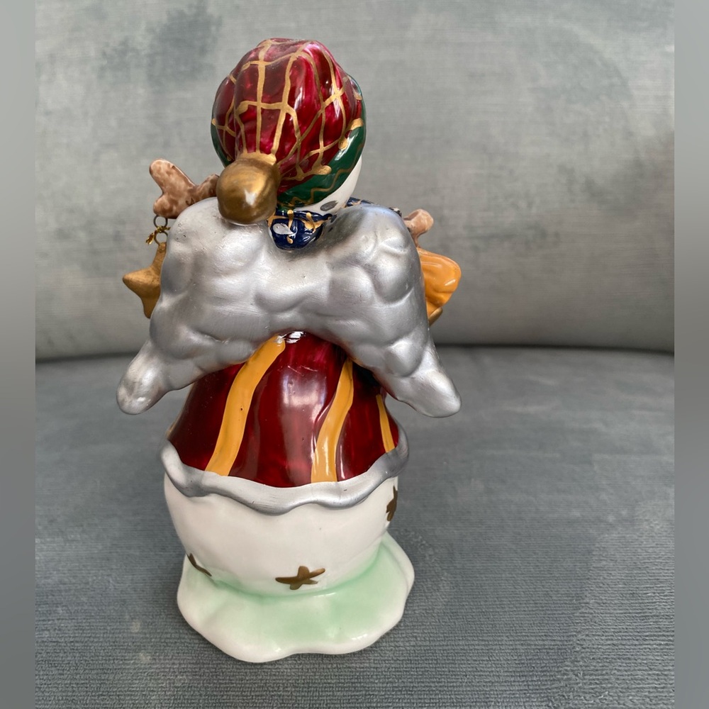 Cheerful Ceramic Snowman Figurine with Gold and Red Accents, Dangling Stars - Picture 4 of 9